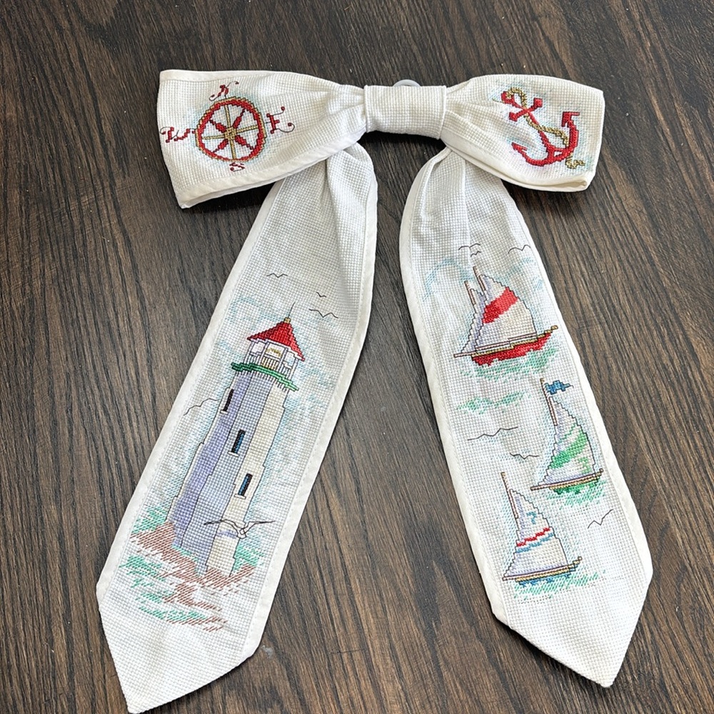 Vintage cross stitch bow, white w/ nautical theme, cotton, 11” wide,14.5” long